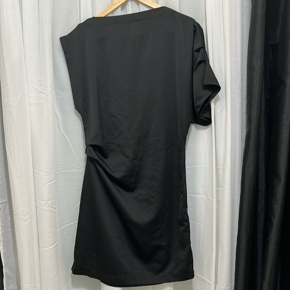 Oak & Fort Ruched Waist High Neck One Shoulder Black Dress with Side Zipper a138
